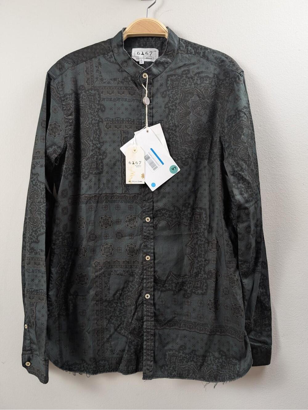 6167 Studio Shirt Button Up Frayed Hem Forest Green & Black Italian  16/41